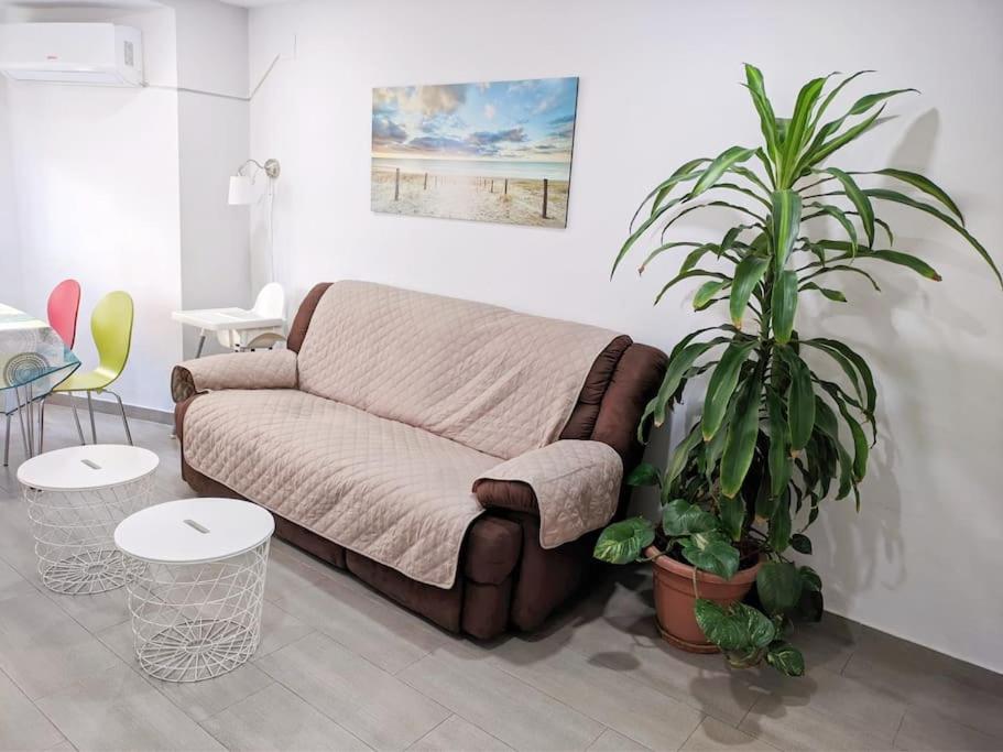 a living room with a couch and a potted plant at Oceanográfico, Playa, Puerto Juanjo in Valencia
