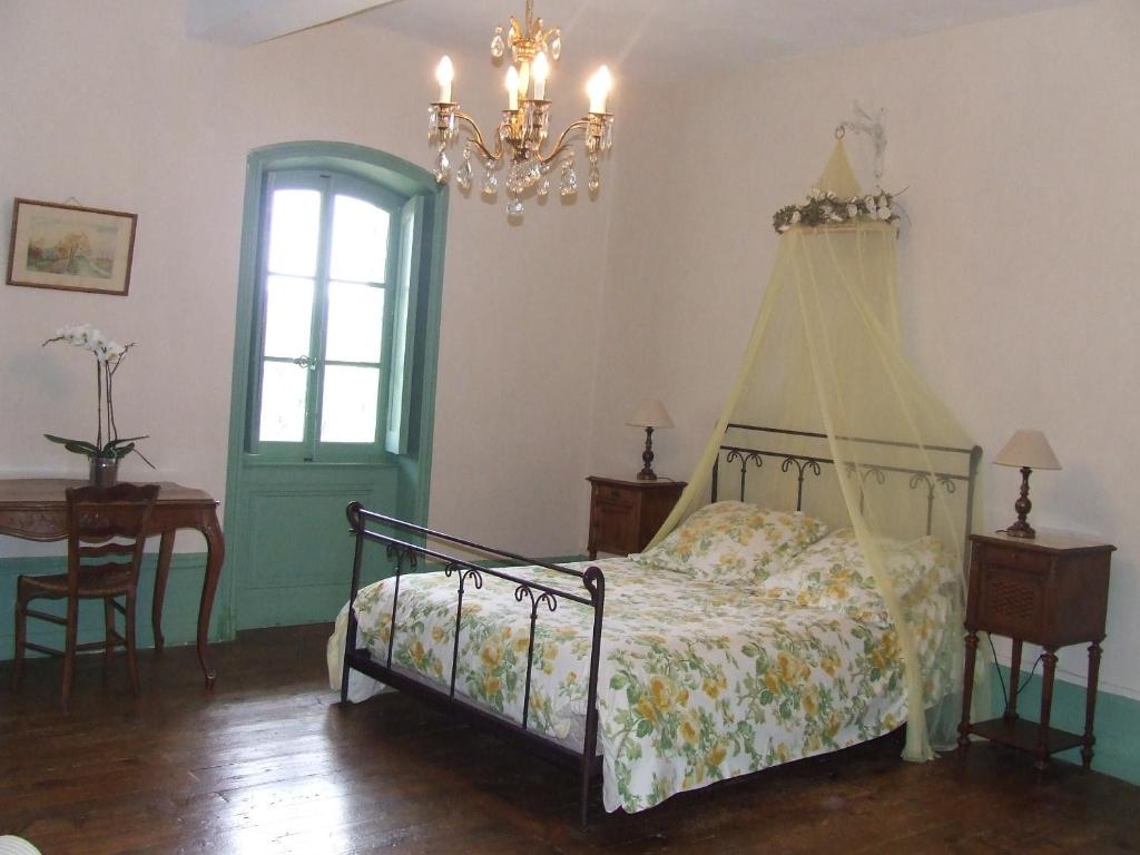 a bedroom with a bed with a canopy and a chandelier at Manoir de Tourville in Les Halles
