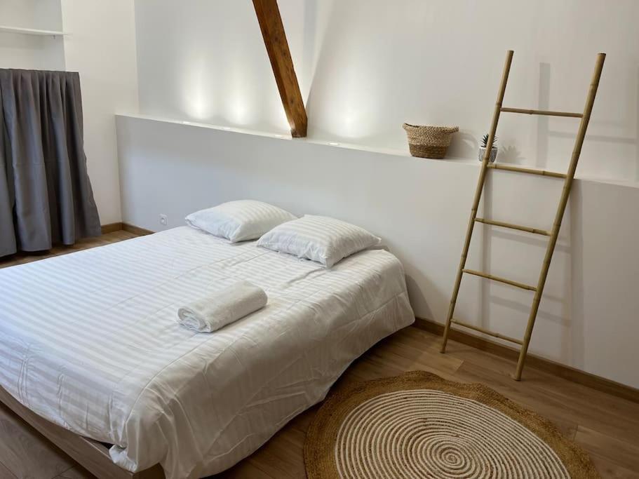 een bed met 2 kussens en een ladder in een kamer bij Petite maison de ville au calme in Brie-Comte-Robert