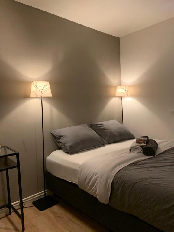 a bedroom with two beds and two lamps at Studio in the city center of Leeuwarden in Leeuwarden