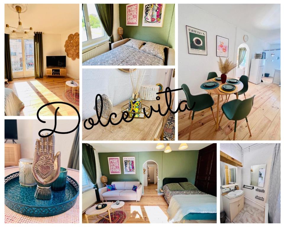 a collage of pictures of a bedroom and a living room at Appartement « Dolce Vita » in Vitry-le-François