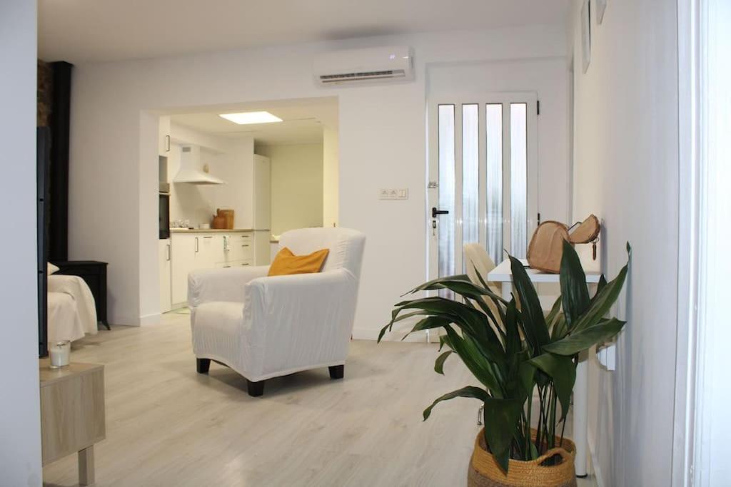 ein Wohnzimmer mit einem weißen Stuhl und einer Pflanze in der Unterkunft Casa Remes in Sagunt