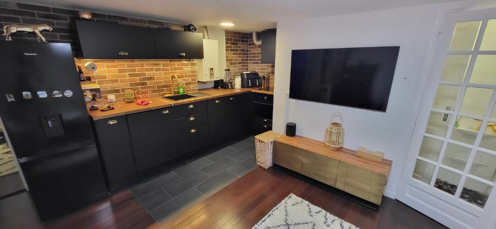 a kitchen with black cabinets and a flat screen tv at Austerlitz Cocoon in Paris
