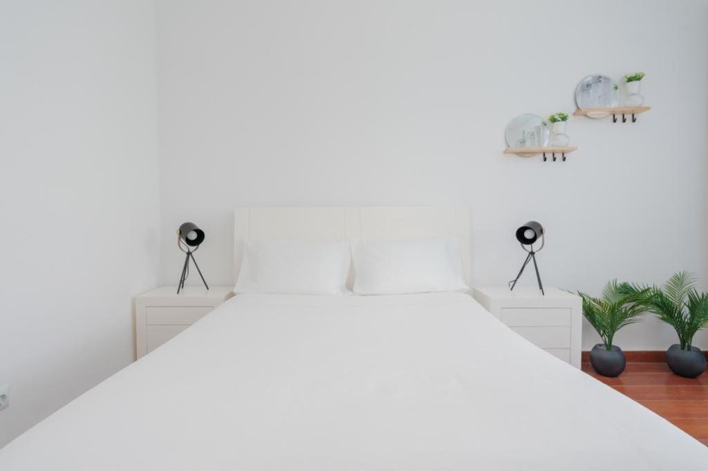 1 dormitorio con paredes blancas y 1 cama con cámaras en Ndussole Guest House 2, en Oporto