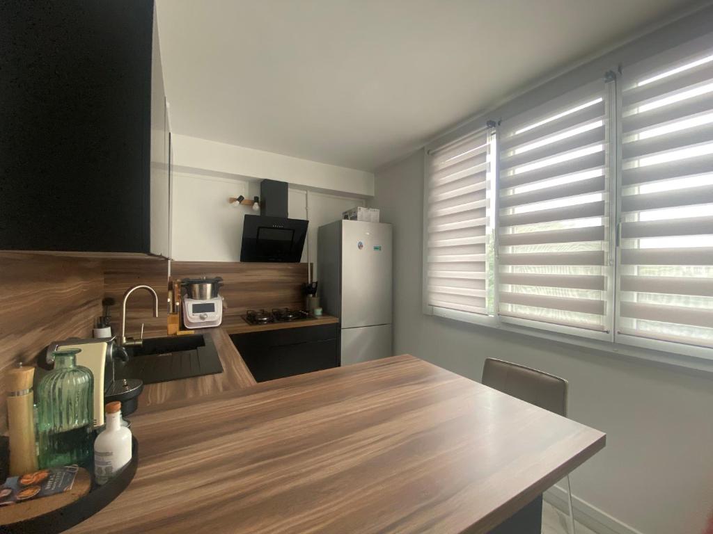 メゾン・アルフォールにある2pièces meublé Proche Paris et métroのキッチン(木製カウンタートップ、冷蔵庫付)