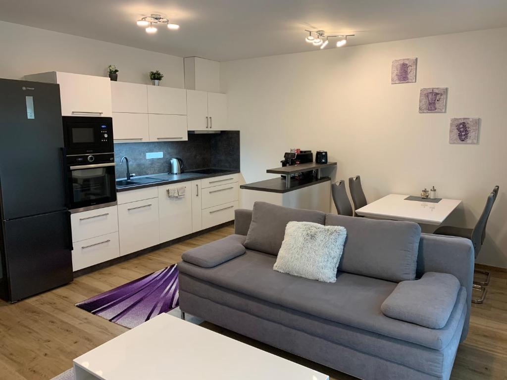 a living room with a couch and a kitchen at Apartmán s vyhlídkou in Horní Maršov