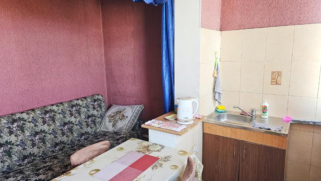 eine kleine Küche mit Spüle und Sofa in der Unterkunft Apartment na VEFe in Bischkek
