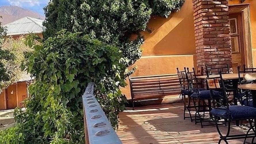 a patio with a table and chairs and plants at Glamping Miraflores in Vicuña