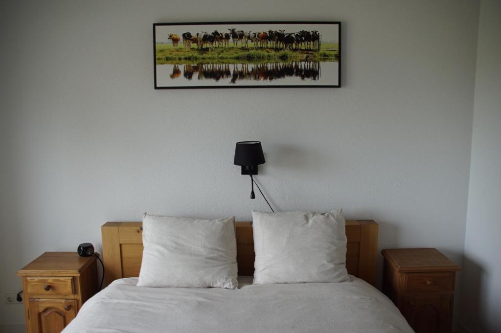 - un lit avec deux oreillers et une photo sur le mur dans l'établissement Vertoeven bij Verhoeven, à Oud-Alblas
