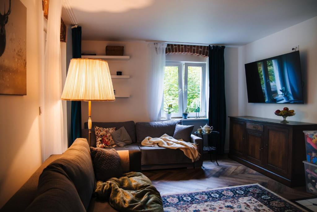 sala de estar con sofá y TV en Pola Apartament Rodzinny, en Polanica-Zdrój