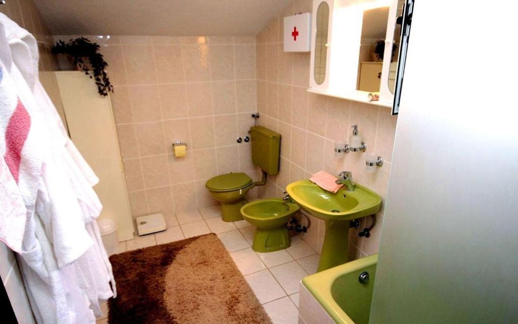 uma casa de banho com 2 WC e um lavatório verde em Villa Nika em Škrip