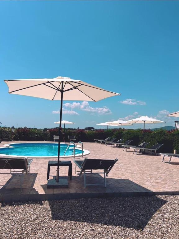 a pool with an umbrella and benches and a swimming pool at Il Melarancio in Pescia Romana