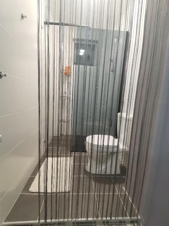 a bathroom with a shower with a toilet in a cage at Red Square Apartment in Pirot