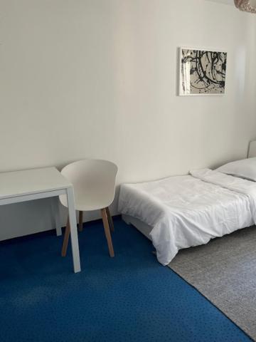 a bedroom with a bed and a desk and a chair at Green Space in Scheeßel
