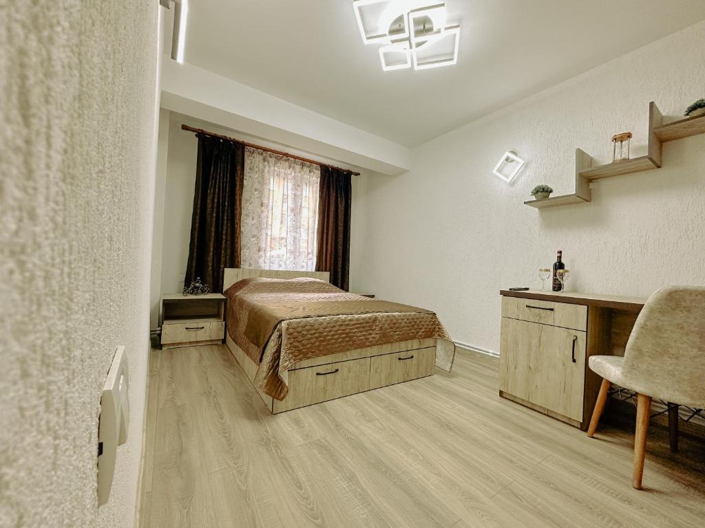 Schlafzimmer mit einem Bett, einem Schreibtisch und einem Fenster in der Unterkunft Flat in Petrosani in Petroşani