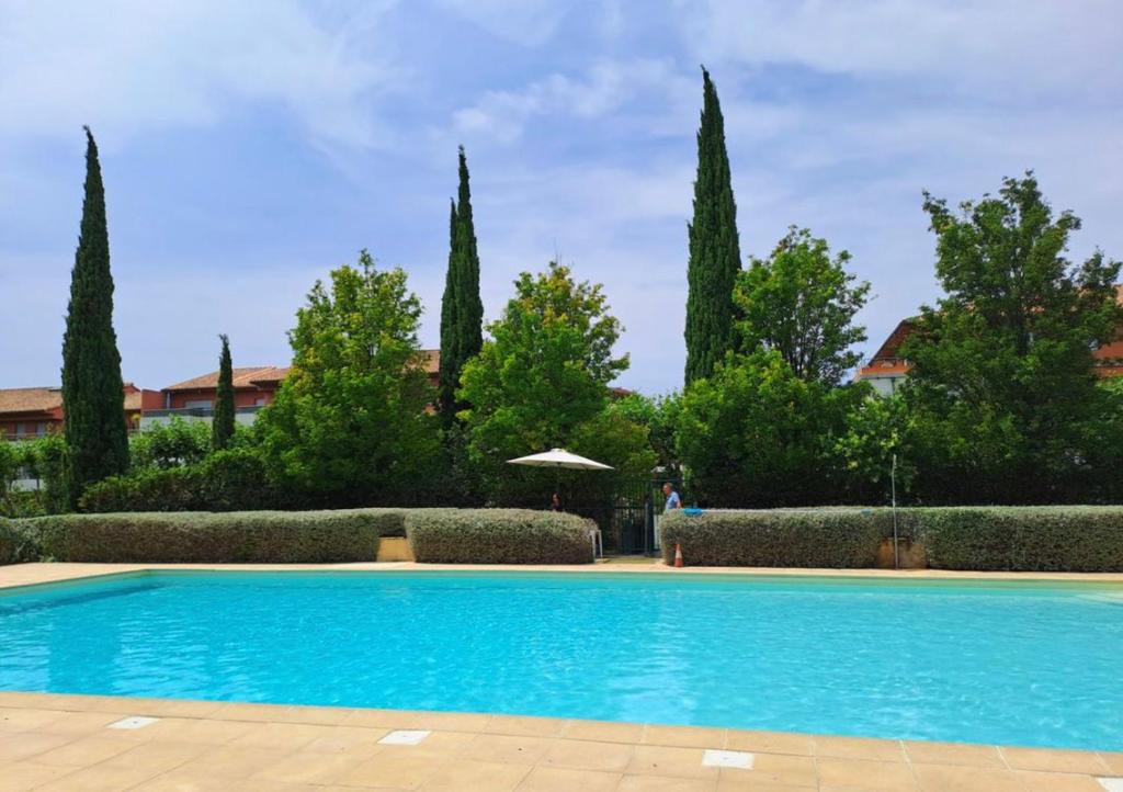 馬賽的住宿－Appartement en résidence tout confort，一座种植了树木和灌木的大型蓝色游泳池