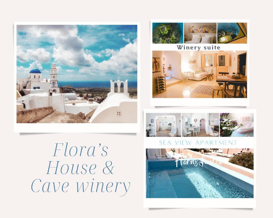 un collage de photos d'une maison et d'un treillis de cape dans l'établissement Flora's House & Cave Winery, à Pyrgos