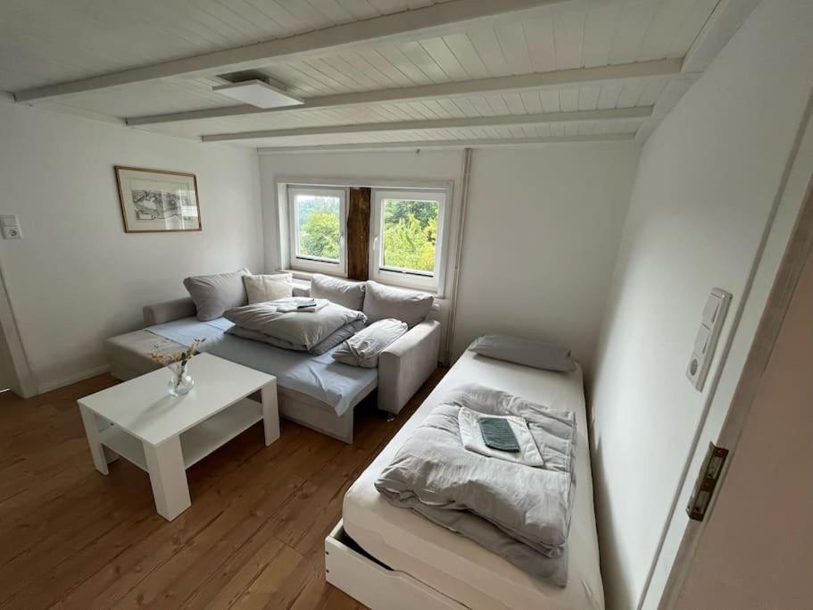 a living room with a couch and a table at Altes Bauernhaus in der Natur in Detmold