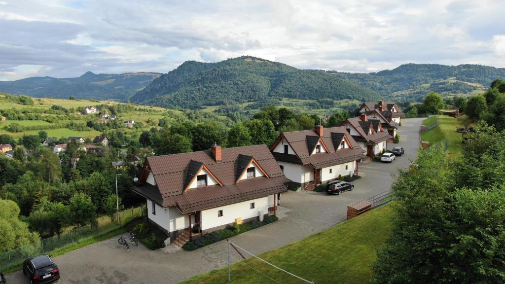 uma fila de casas com montanhas ao fundo em Góralskie Domki em Szczawnica