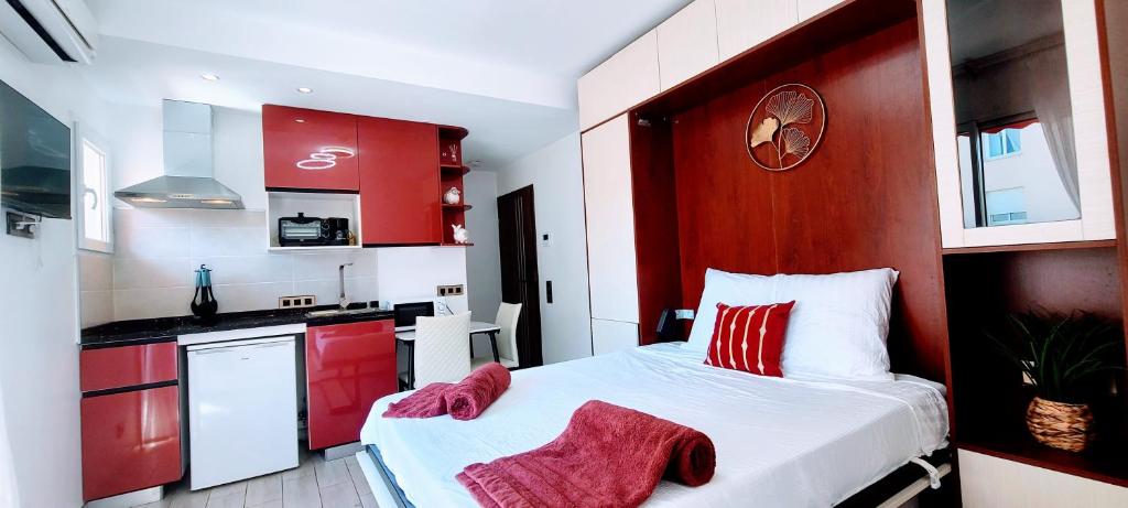 Cette petite chambre comprend un lit et une cuisine. dans l'établissement Rêve Azur studio 6 à deux pas de la mer Parking wifi, à Cagnes-sur-Mer