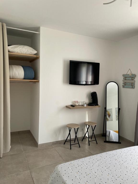 Habitación con cama, espejo y TV. en Chambre avec salle de bain privée dans villa, en Manosque