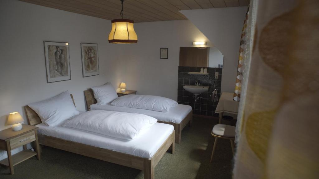 ein Schlafzimmer mit 2 Betten und einem Waschbecken darin in der Unterkunft Fährhaus Hotel in Waldshut-Tiengen