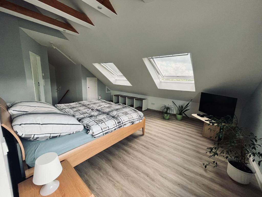 a bedroom with a bed and two skylights at Gerburg Haus in Rinteln