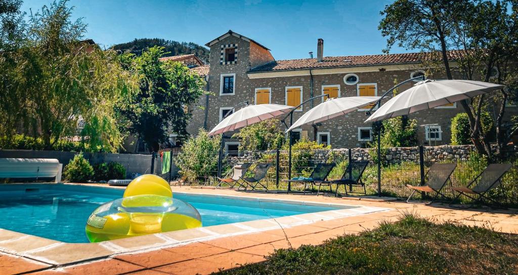 una piscina con una bola inflable en el medio en La Maison des Hôtes, en La Motte-du-Caire