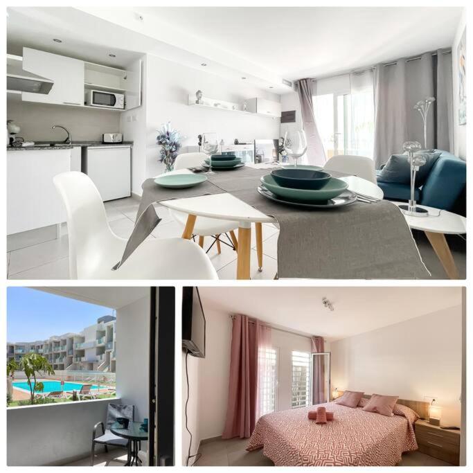 two pictures of a kitchen and a living room at Paradise Palms I Deluxe, incl. Welcome Package in Corralejo