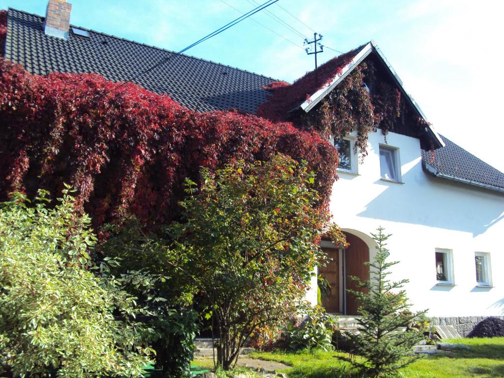 a house covered in ivy on the side at Apartament - Stara Stajnia - Na krańcu Świata in Miłków