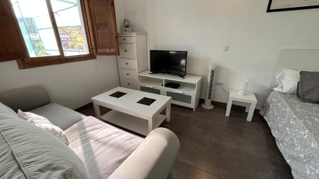 a living room with a bed and a tv at Cosy Country Studio near Maspalomas and Fataga in Artedara