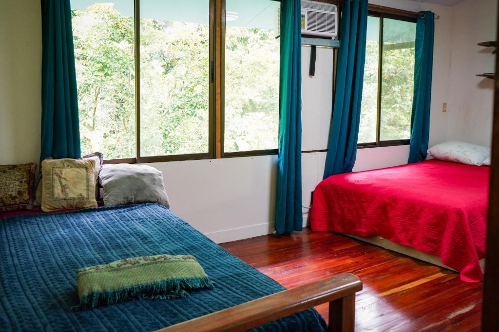 a room with two beds and a window with blue curtains at Blue Butterfly House in Pavones
