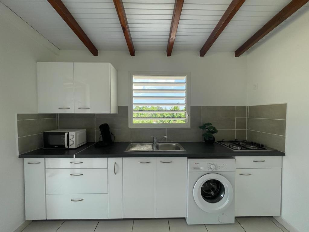 eine weiße Küche mit einem Waschbecken und einer Waschmaschine in der Unterkunft L’Eucalyptus in Sainte-Rose