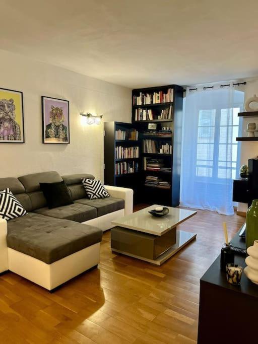 Charmant Appartement centre-ville في أجاكسيو: غرفة معيشة مع أريكة وطاولة قهوة
