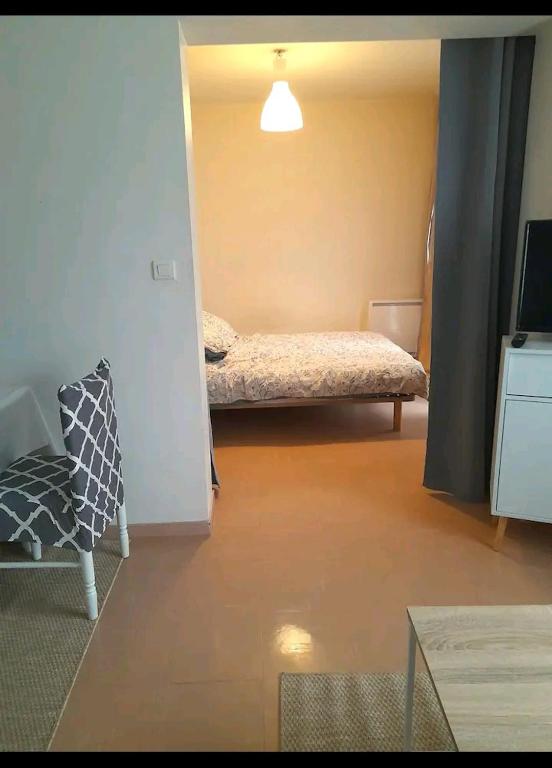 une chambre avec un lit, un canapé et une télévision dans l'établissement Le fifty, à Bourges