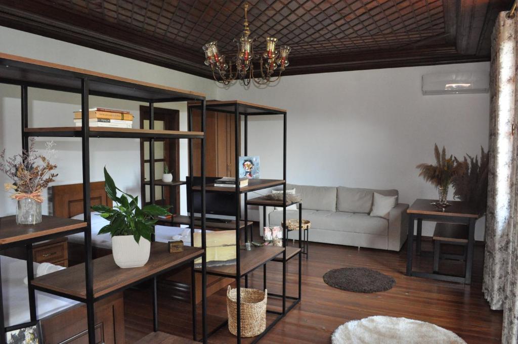salon z kanapą i półkami w obiekcie Timber Guest House w mieście Berat