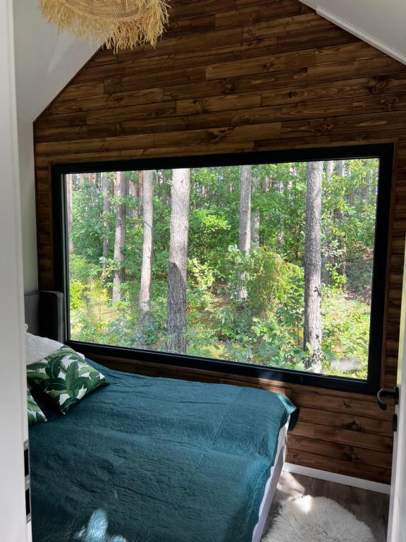 a bedroom with a large window in the woods at Brama Do Lasu - Domek w Koronach Drzew in Kielce