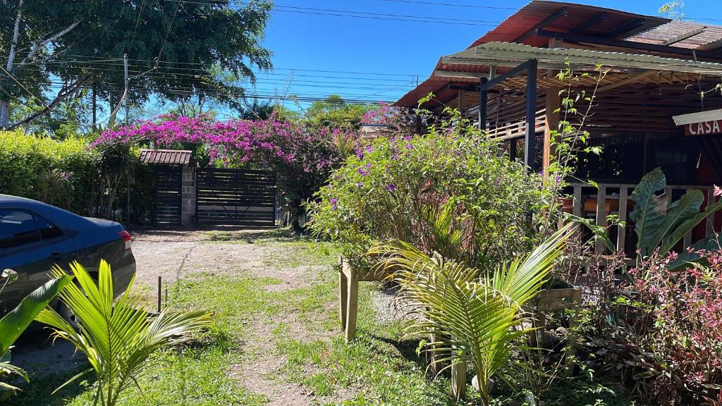 a garden in front of a house with purple flowers at Las Casitas Italiana in Sabalito