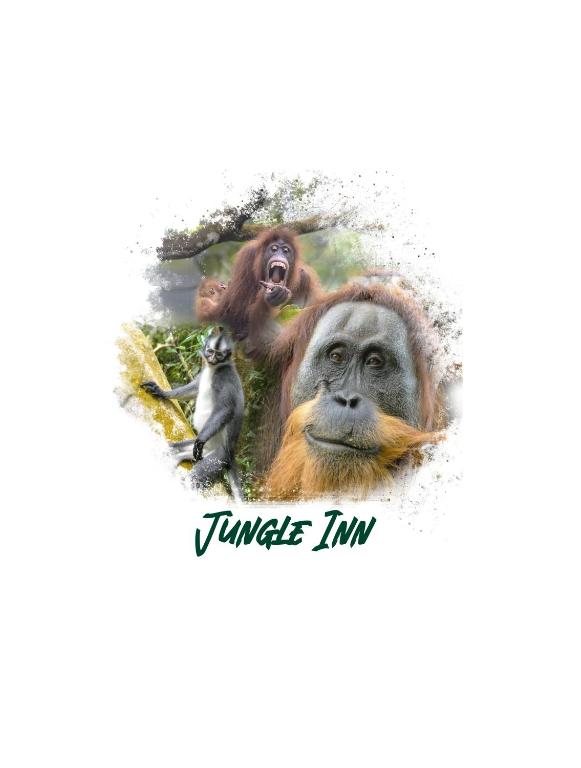 a monkey and a chimpanzee with the words jungle inn at Jungle Inn Bukit lawang in Bukit Lawang