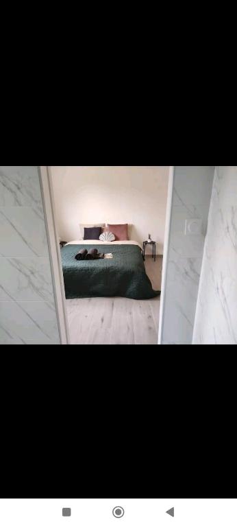 une chambre avec un lit avec une couette verte dans l'établissement La maison d'Elise, à Solesmes