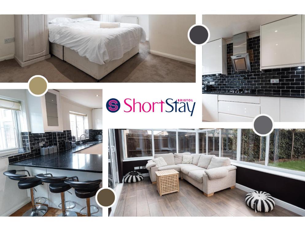 a collage of photos of a bedroom and a showify at May Disc - Long Stay - Contractors in Bristol