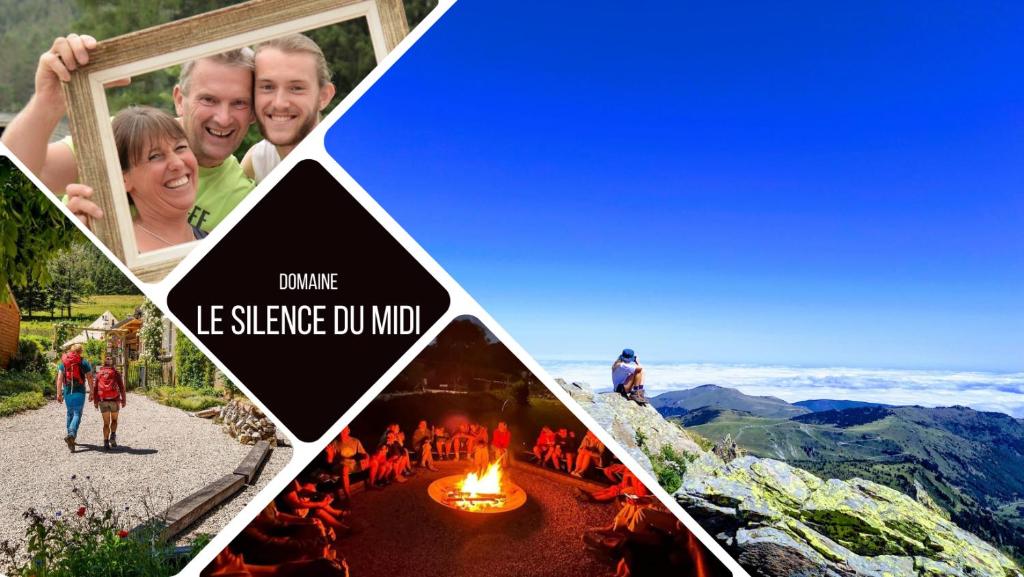 a collage of pictures of people around a fire pit at Le Silence du Midi in Comus