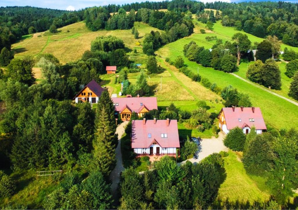 an aerial view of a house with pink roofs at Rezydencja Bukowy Dwór in Czarna