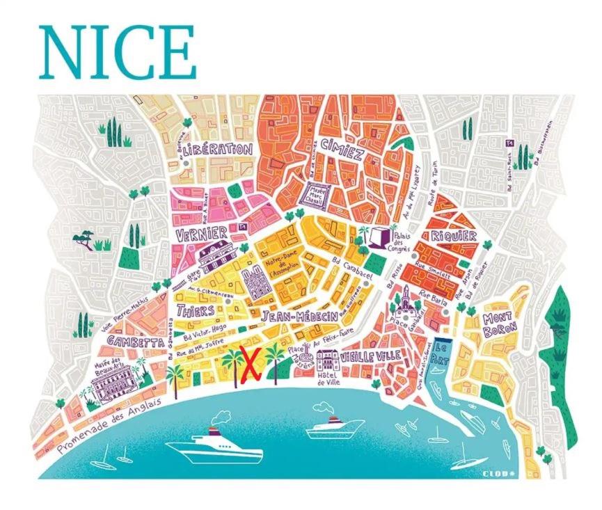 um mapa da cidade de Nice com um barco em Appartement À Meyerbeer em Nice