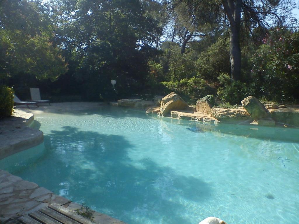 einen Pool mit blauem Wasser im Hof in der Unterkunft La Bousquatière in Piolenc