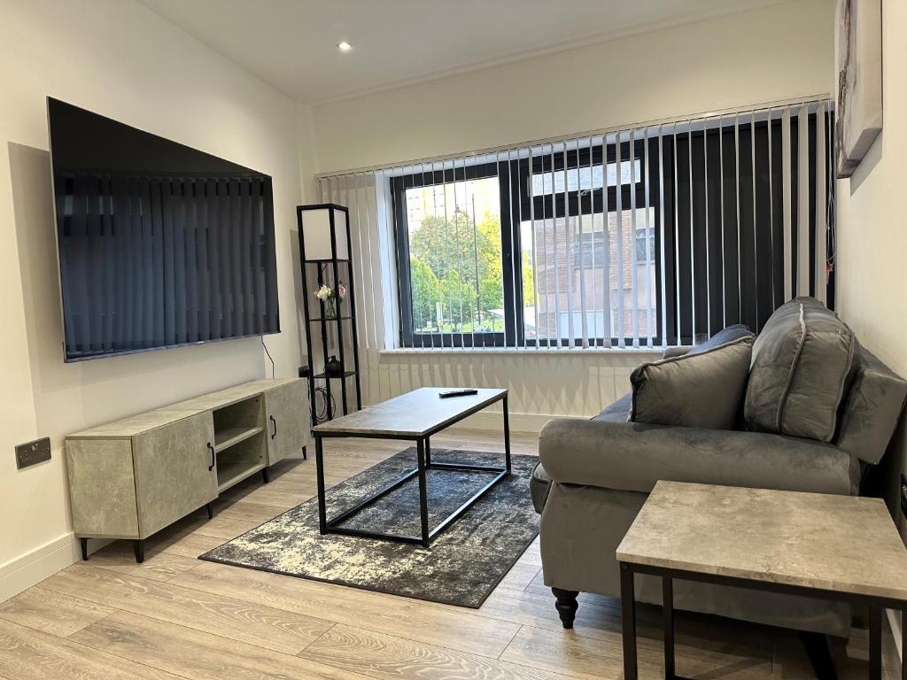 uma sala de estar com um sofá e uma televisão em Apartment In Luton Town Centre em Luton
