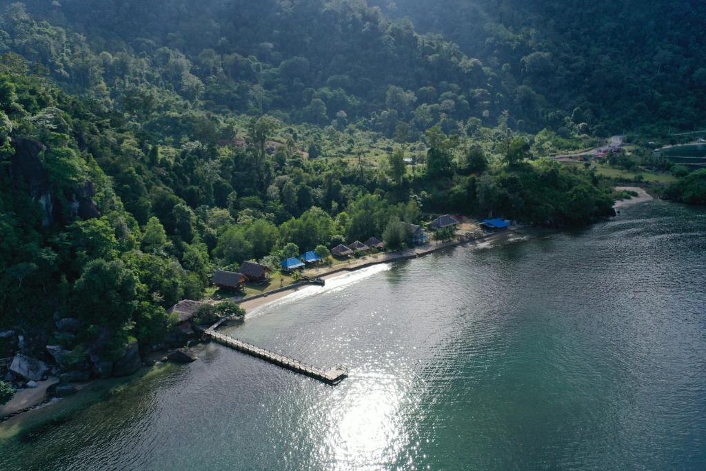 an aerial view of a river with a beach at Ricky's Beach House in Pasarsungai-nyala