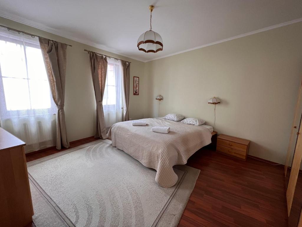 a bedroom with a bed and a large window at Jurincom apartmens Zamecky Vrch in Karlovy Vary