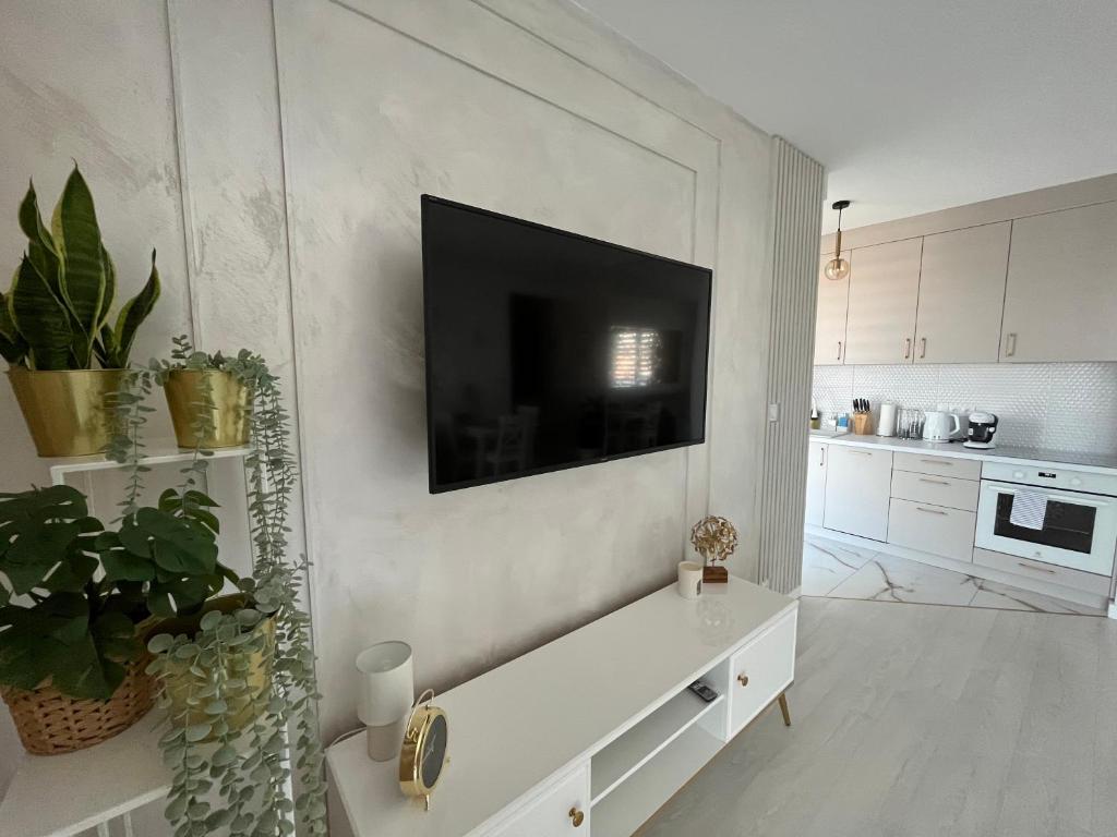 a white living room with a tv on the wall at Apartament in Bochnia