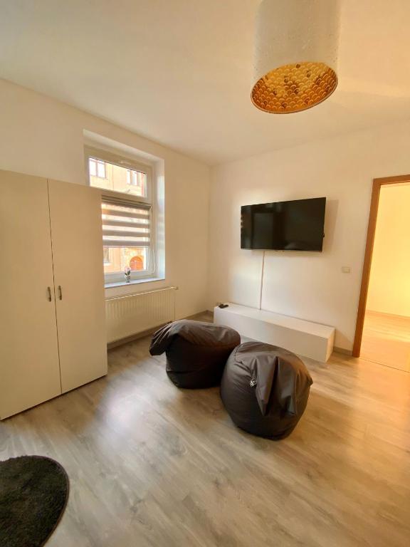 ein Wohnzimmer mit einem Sofa und einem Flachbild-TV in der Unterkunft Gemütliche 3-Zimmer Ferienwohnung in Leipzig 1 OG in Leipzig